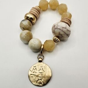 Egyptian Revival Coin Charm Bracelet Boho Beaded Stretch Chunky Jewelry